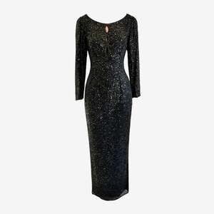 Vintage 90s Scala Beaded Long Dress Black Long Sleeve Size Medium Holiday Gown